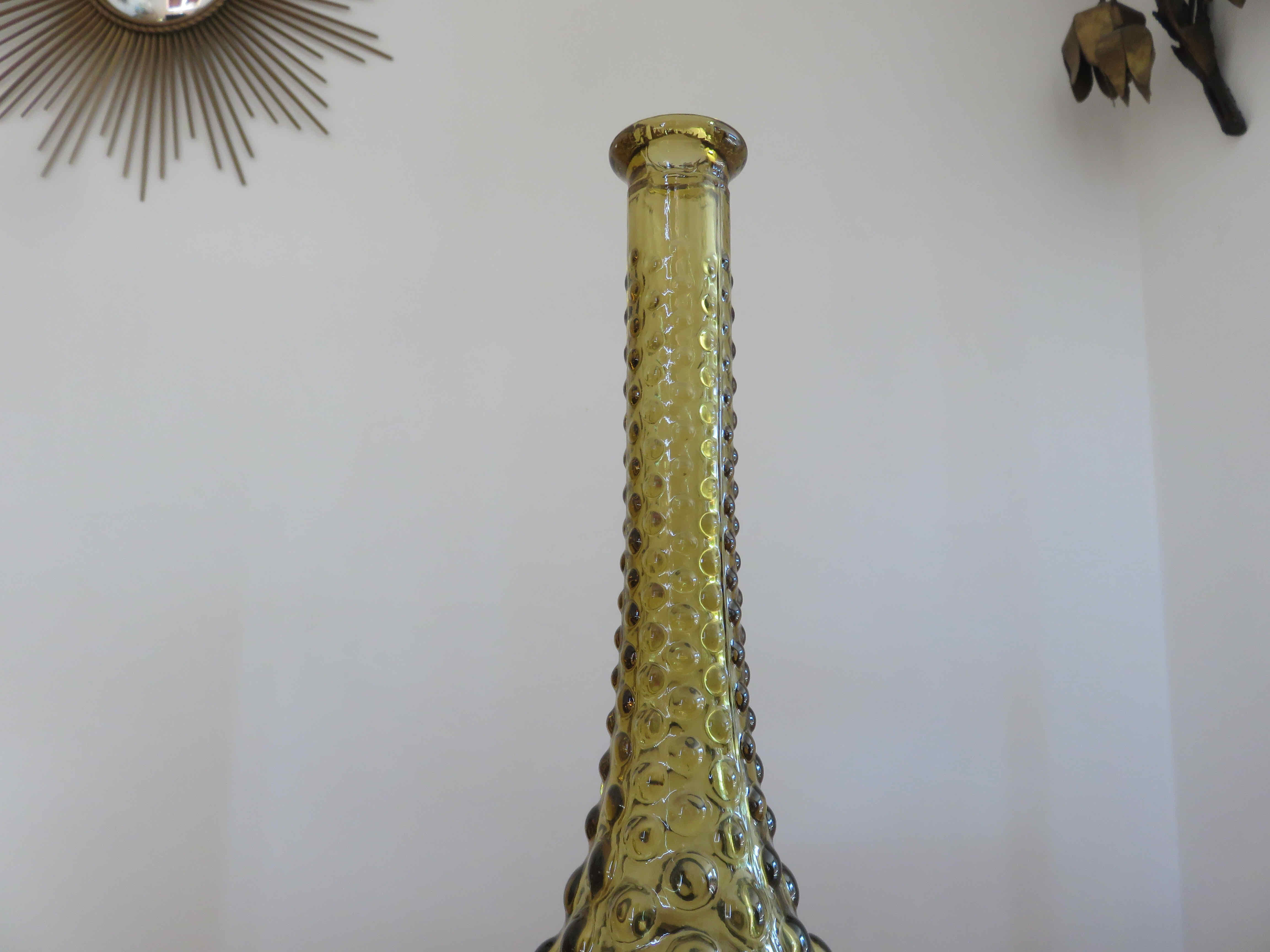 Bottle, carafe, Empoli, Italy, yellow bubbled glass, 60s 70s