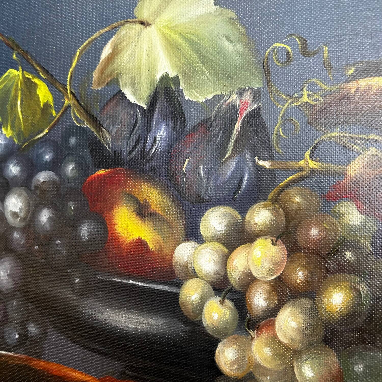 Painting, still life roses, grapes and game