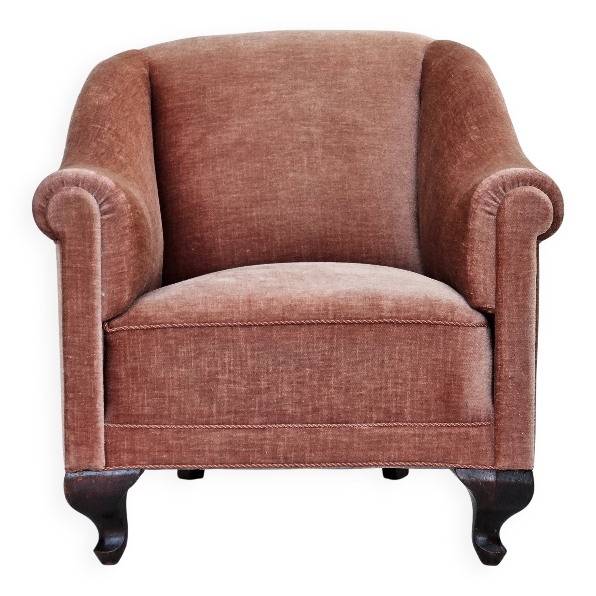 1960s, Danish armchair, salmon pink furniture velour, ash wood legs.