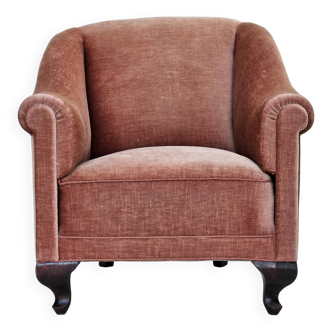 1960s, Danish armchair, salmon pink furniture velour, ash wood legs.