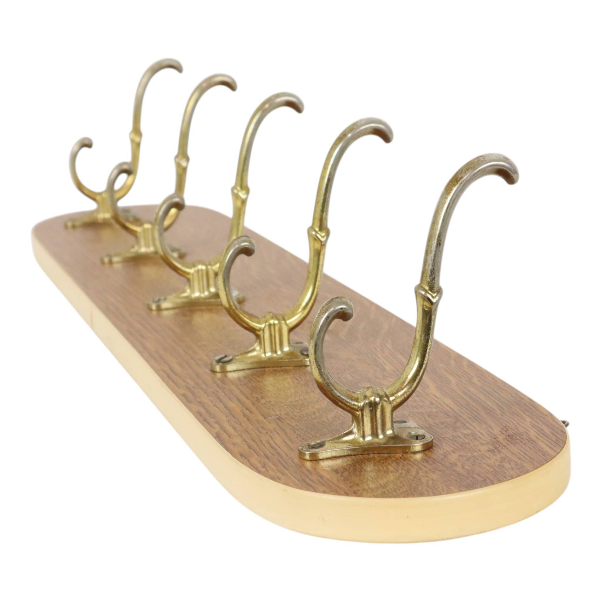 Vintage Rockabilly Coat Rack, 1950s Design, Wood Veneer, Gold