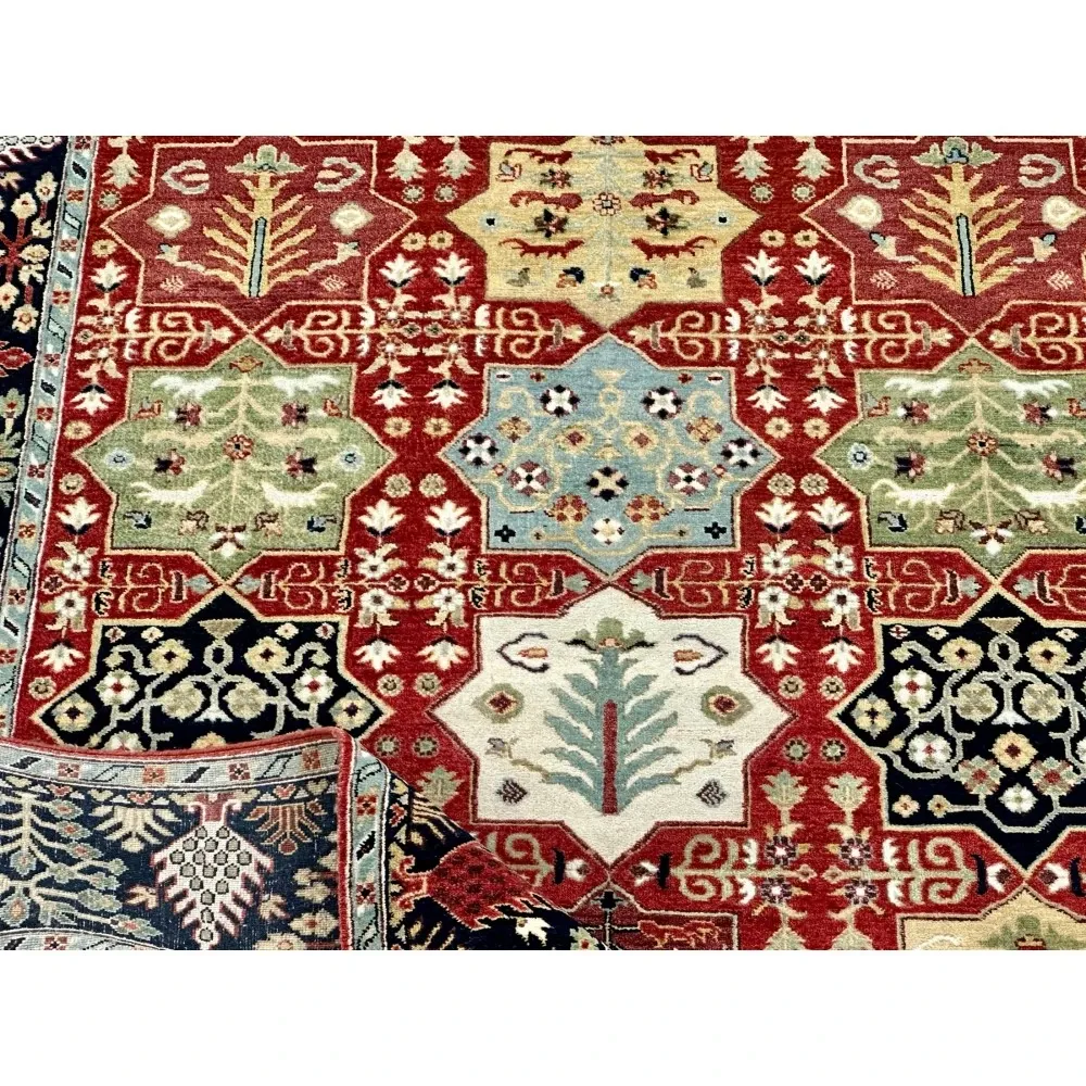 Hand-Knotted Wool Area Rug, Red Geometric Botanical Carpet for Living Room