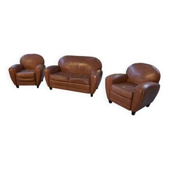 Camel 1980s 2-seater sofa and 2 club armchairs set in faux leather
