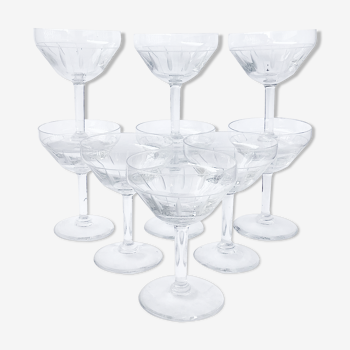 Champagne cups in art deco crystal, engraved with acid