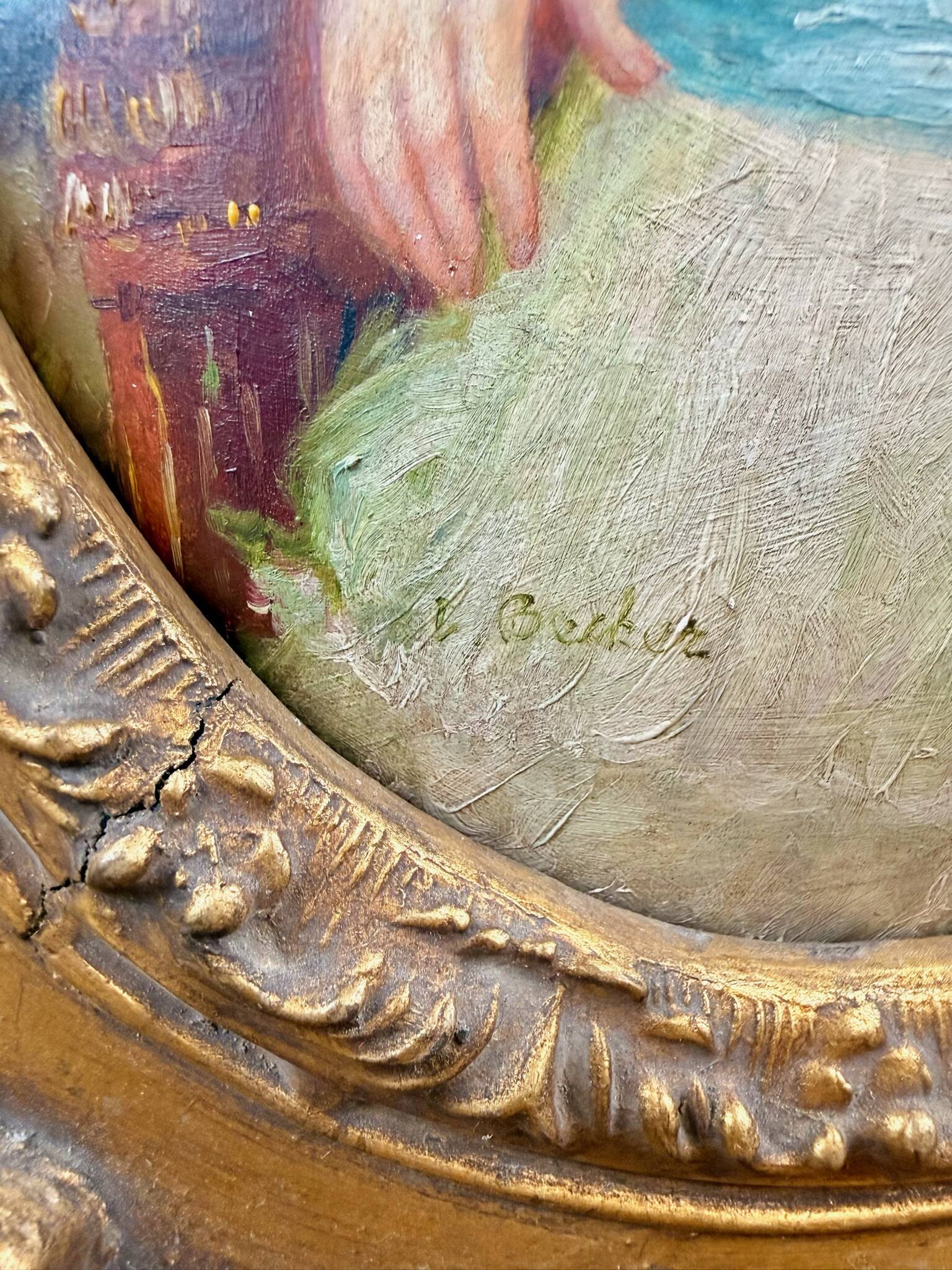 Old painting on wood signed Becker (?) – Portrait of a child