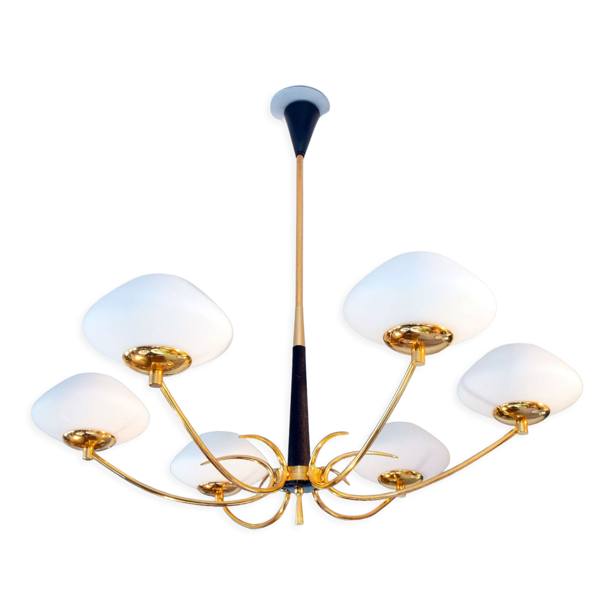 Pendant light in brass and opaline 50s