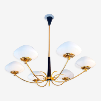 Lustre en laiton et verre opalin 50s