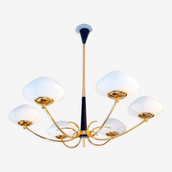 Pendant light in brass and opaline 50s