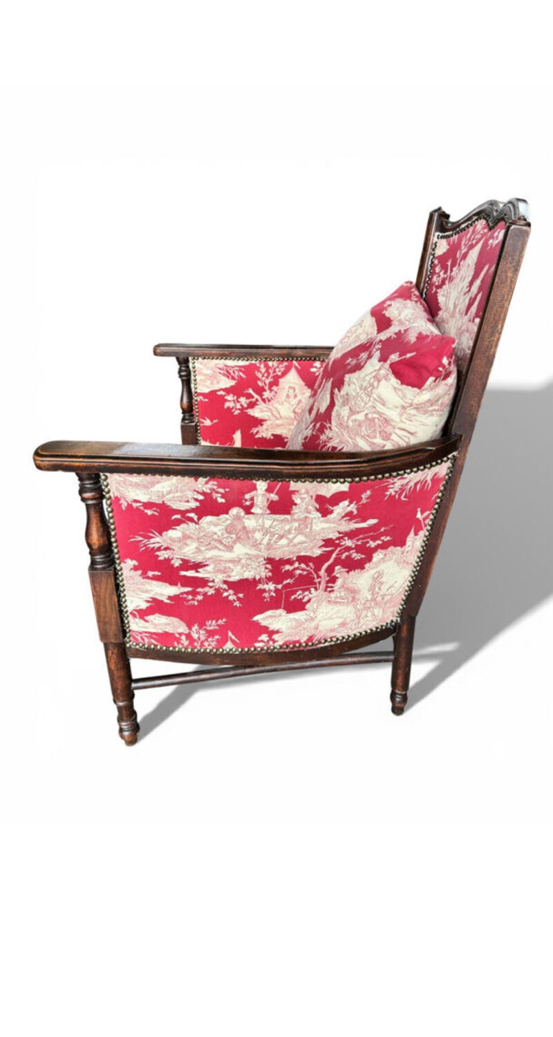 Antique armchair from around 1900, solid wood – red toile de Jouy.