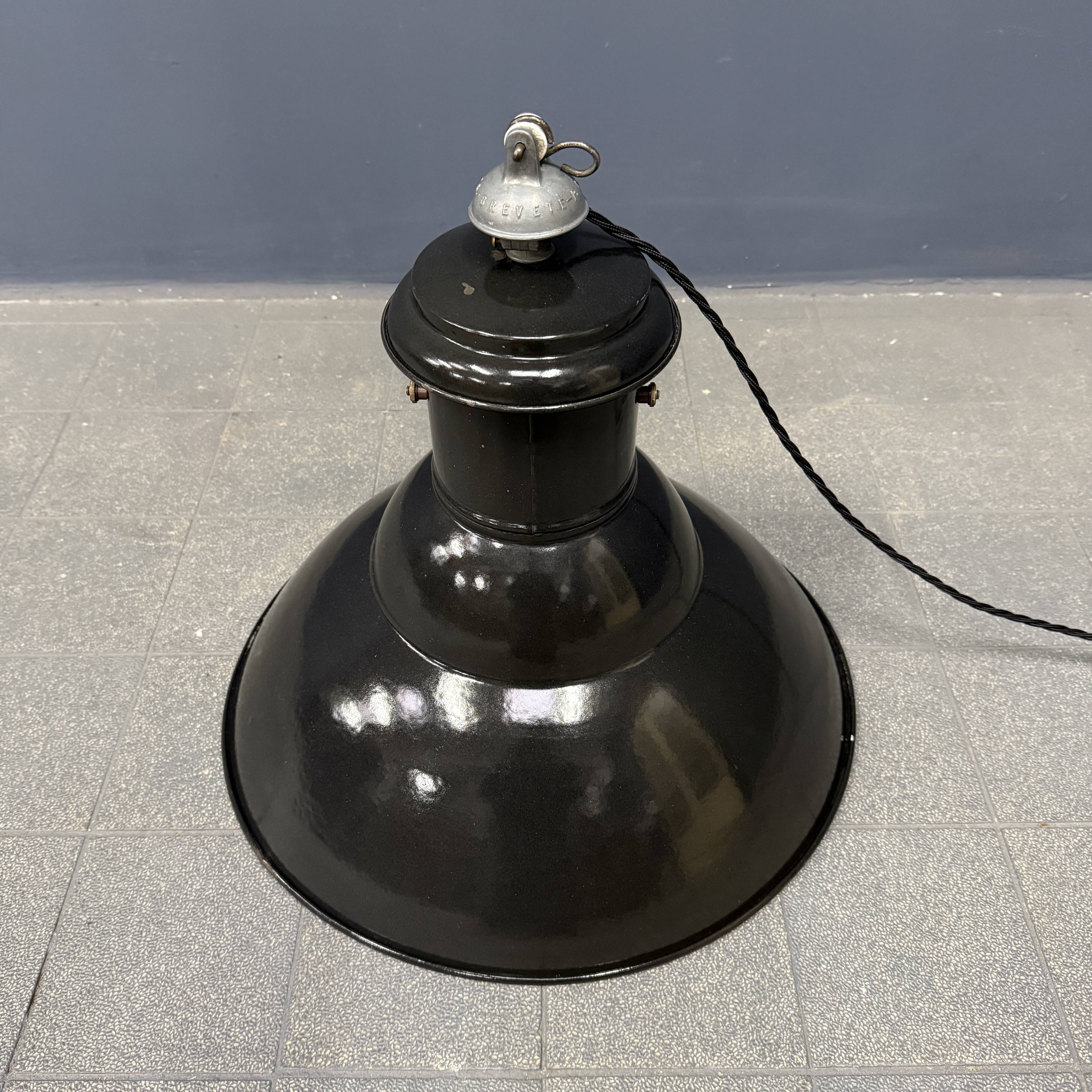 Industrial French medium black enamel pendant lamp