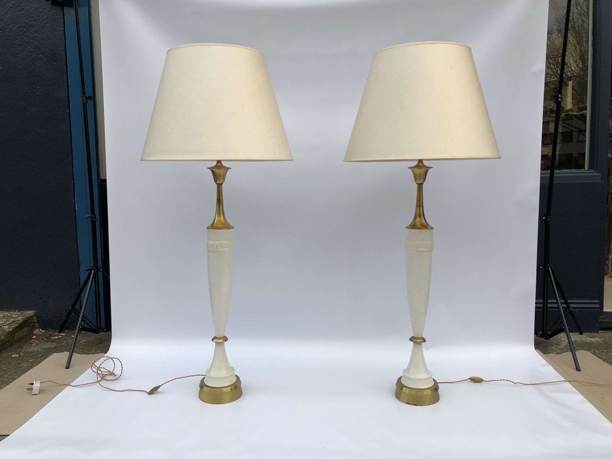 1960s laurel greek key ceramic brass table lamps hollywood regency neoclassical
