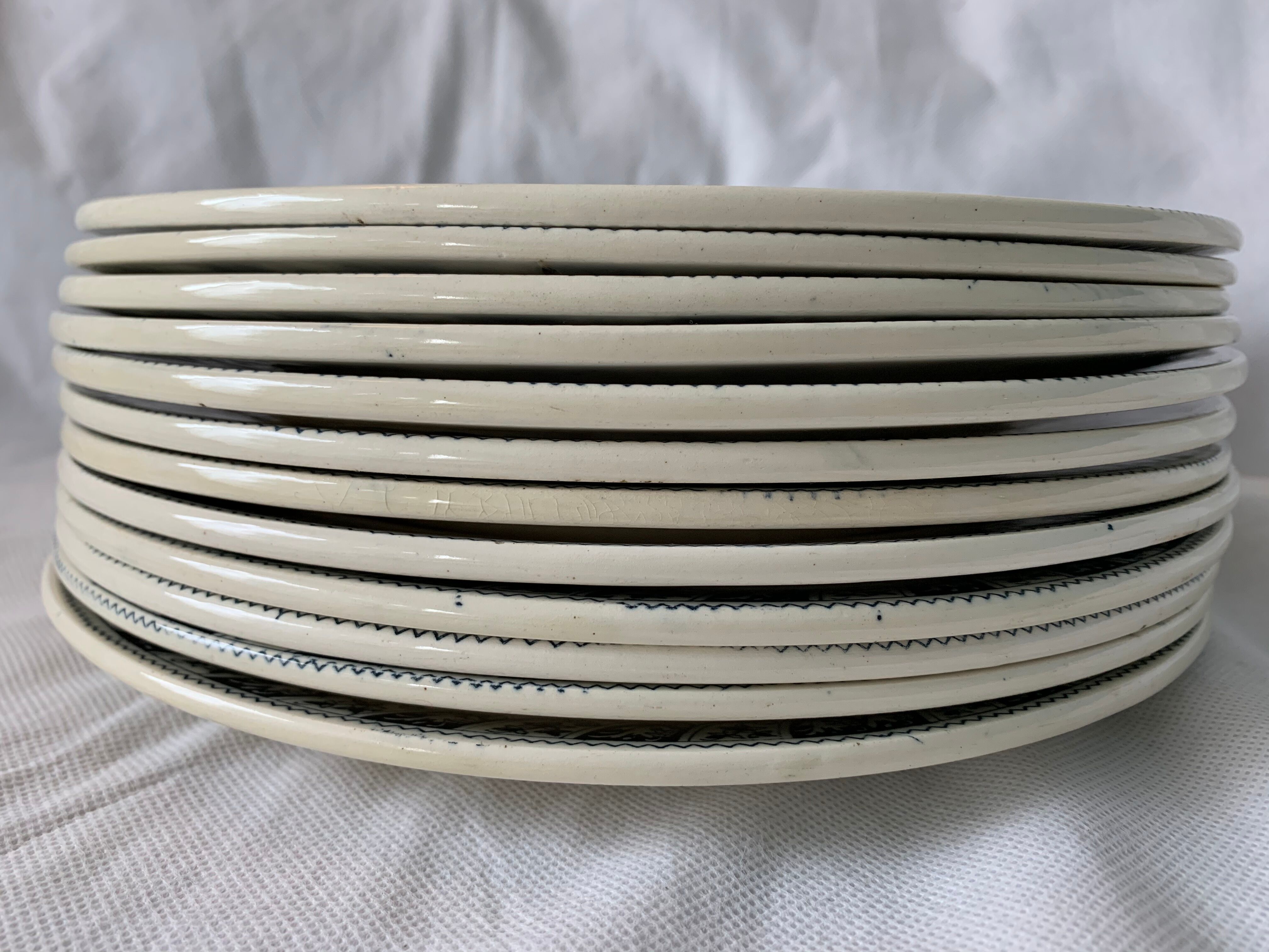 Lot of 12 old flat plates and 2 dishes, Terre de fer Henri II Salins