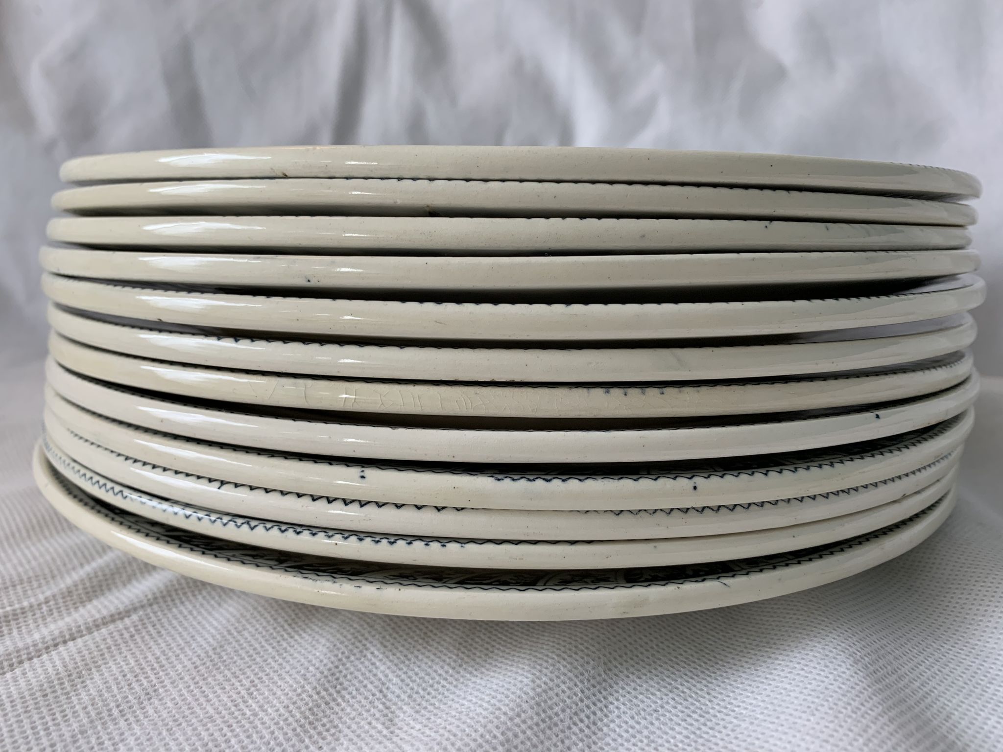 Lot of 12 old flat plates and 2 dishes, Terre de fer Henri II Salins