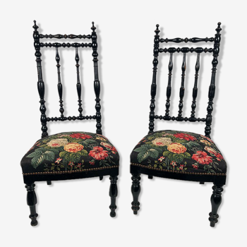 Pair of low chairs with high backrest in blackened wood Napoleon III