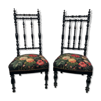 Pair of low chairs with high backrest in blackened wood Napoleon III