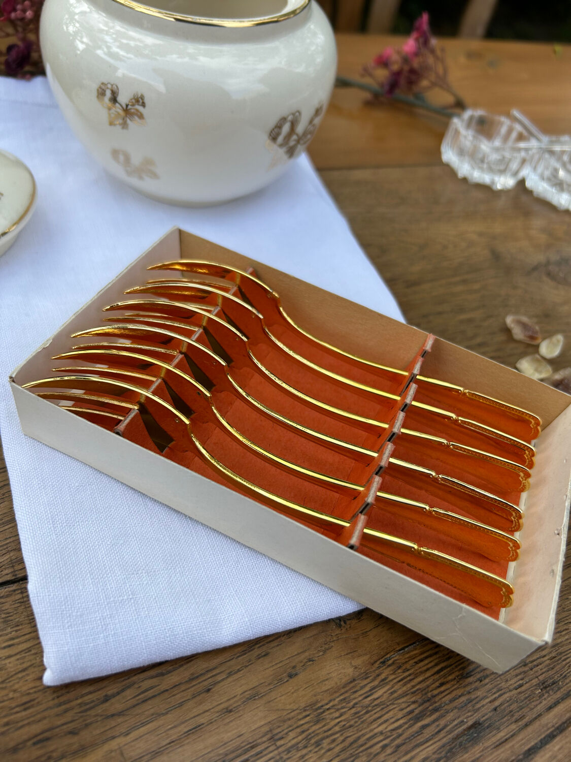 6 vintage golden metal dessert forks