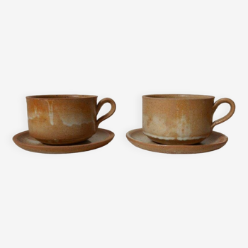 Set of 2 stoneware lunch cups with saucers