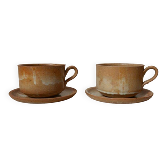 Set of 2 stoneware lunch cups with saucers
