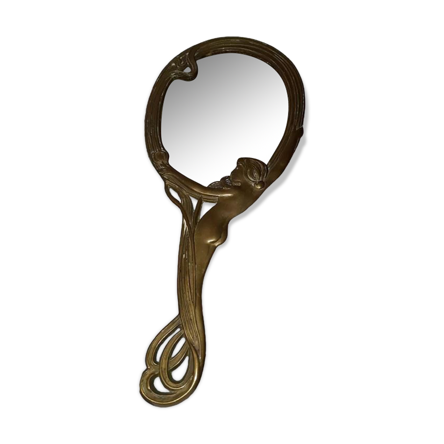 Art Nouveau gilded brass hand mirror