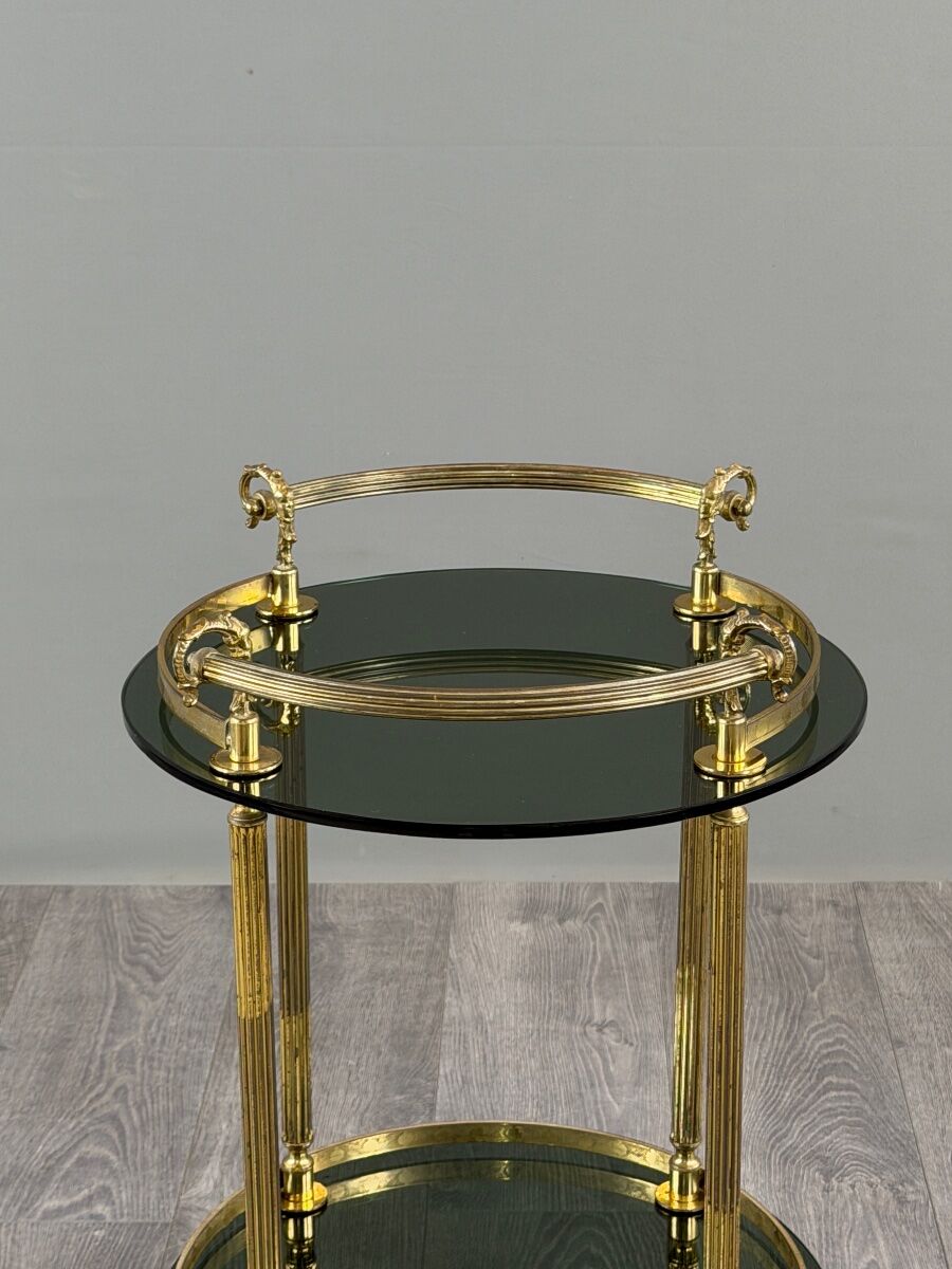 Rolling serving table in gold metal and smoked glass, 20th century
