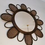Miroir fleur vintage en rotin et cannage années 60/70