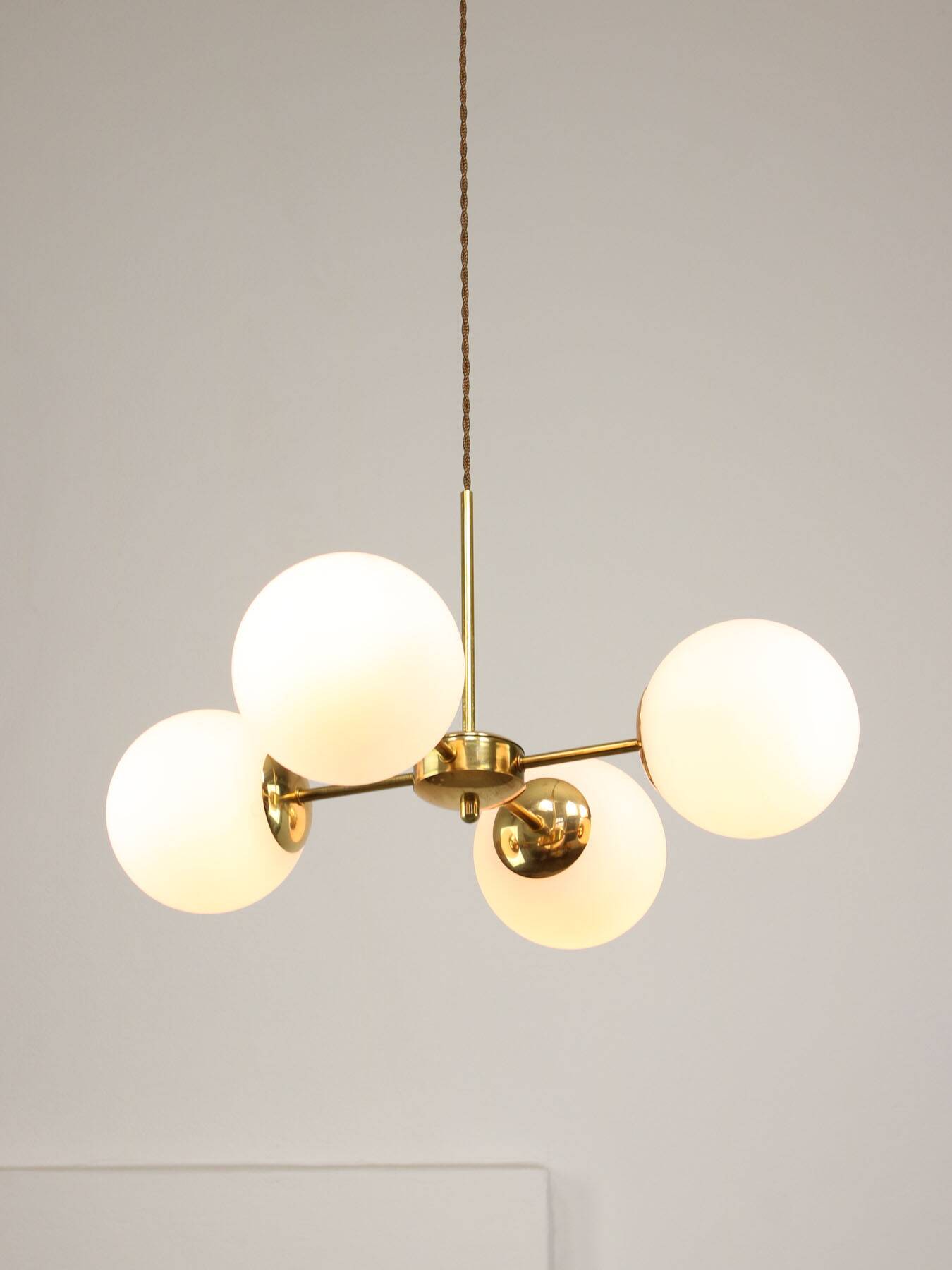 Italian Mid Century Golden Sputnik Chandelier with Opaline Shades, 1960s