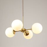 Italian Mid Century Golden Sputnik Chandelier with Opaline Shades, 1960s