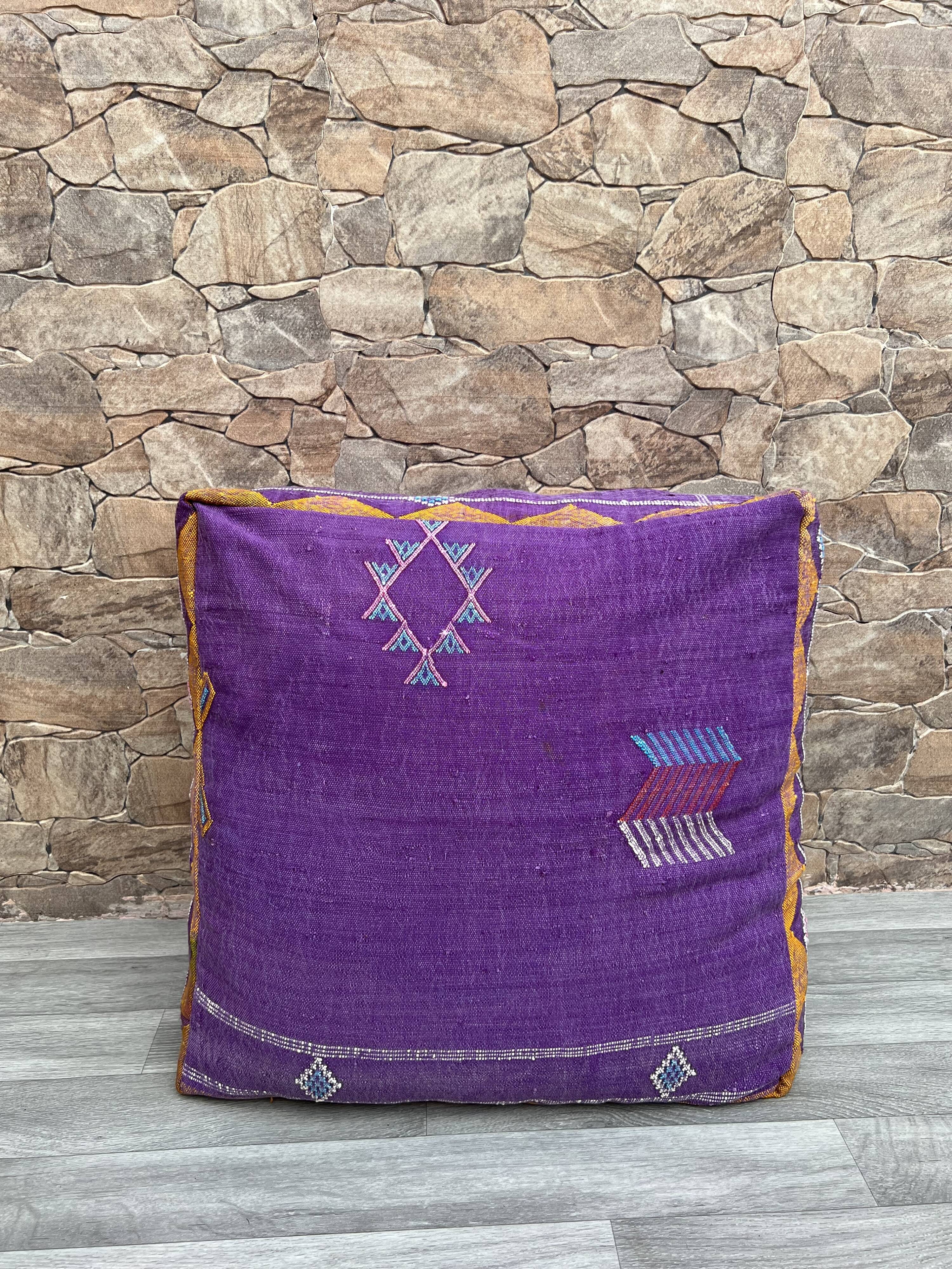 Moroccan Ottoman Pouf, Cactus Silk Pouf, Purple Pouf, Ottoman Stool, Living Room Pouf, Made Pouf