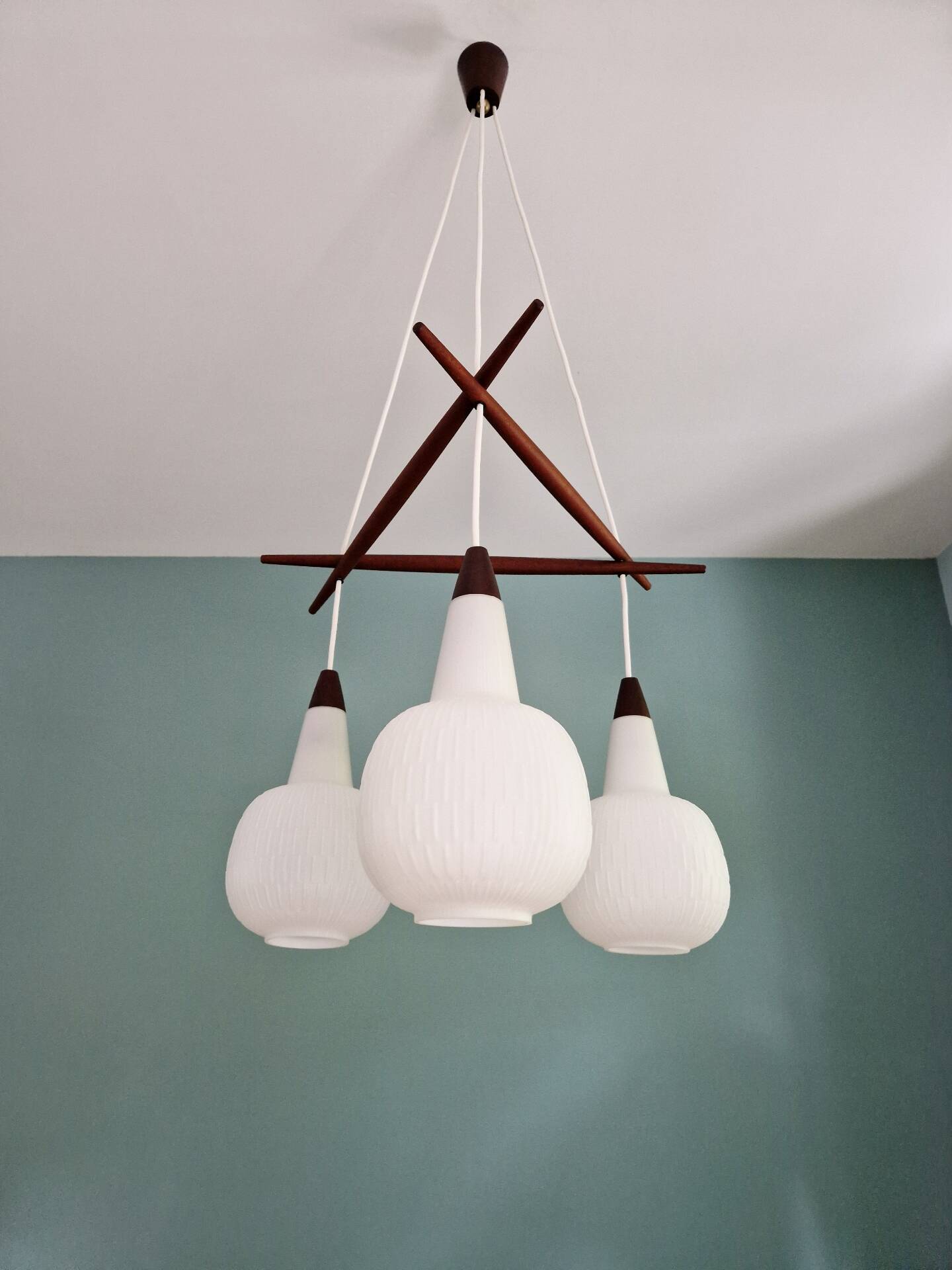 Scandinavian chandelier in teak and white opaline, 1960s
