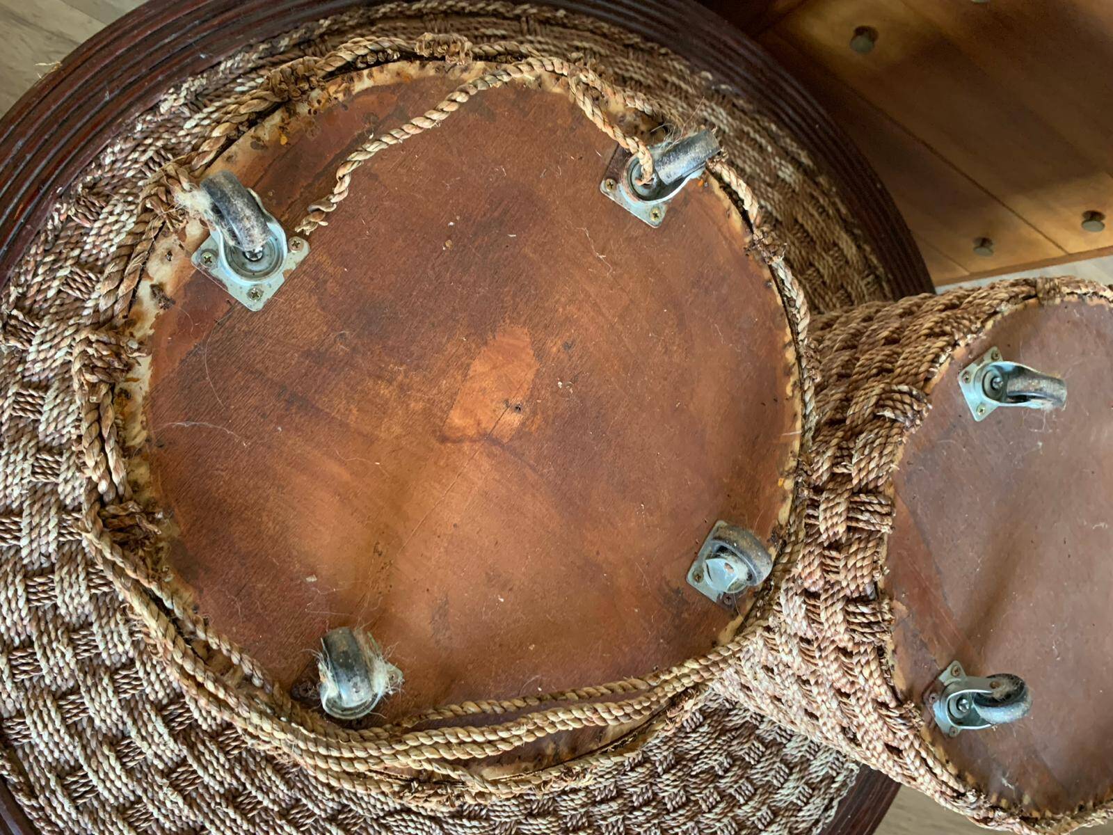 Vintage woven rope and rattan coffee table with 4 stools