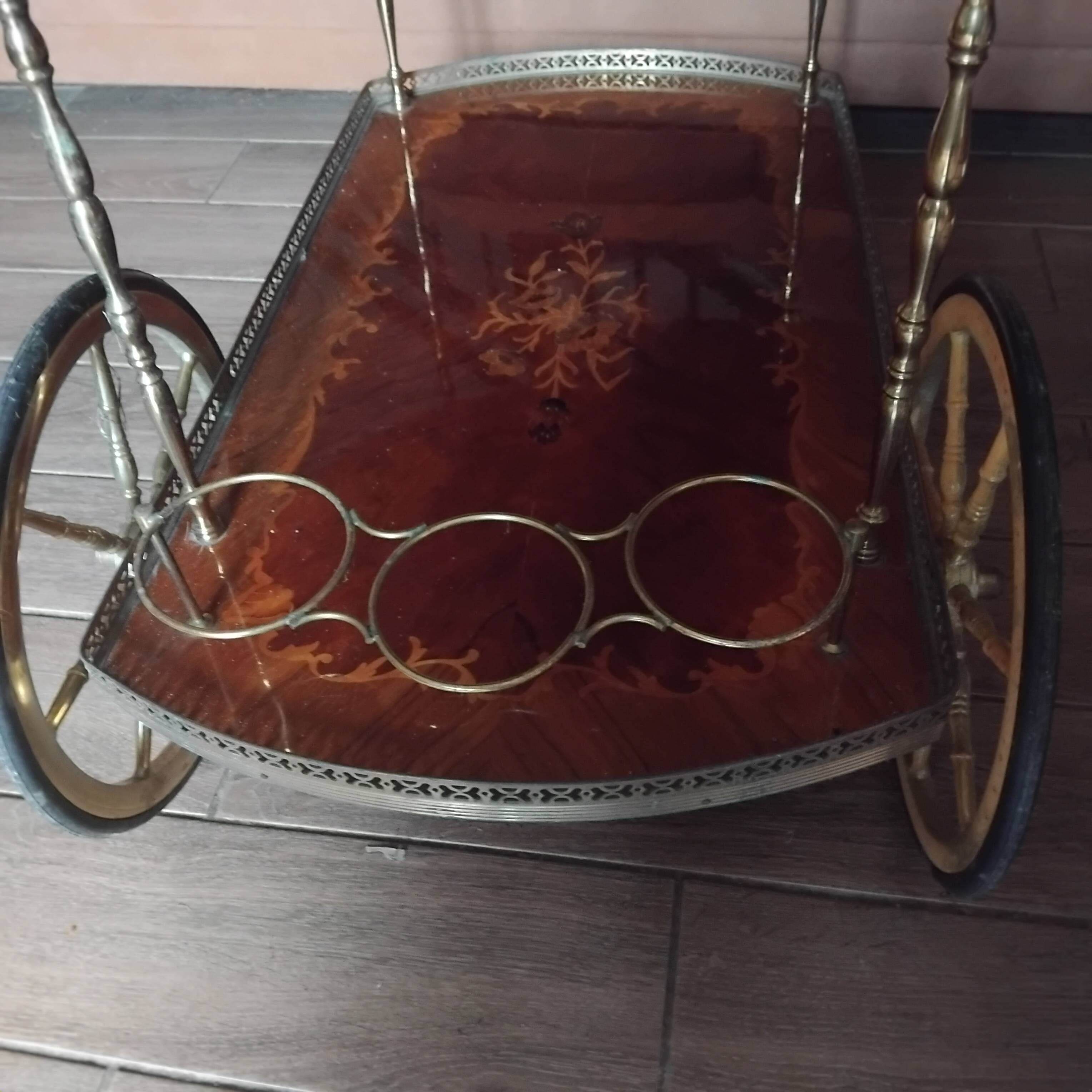 1950s marquetry and brass serving trolley