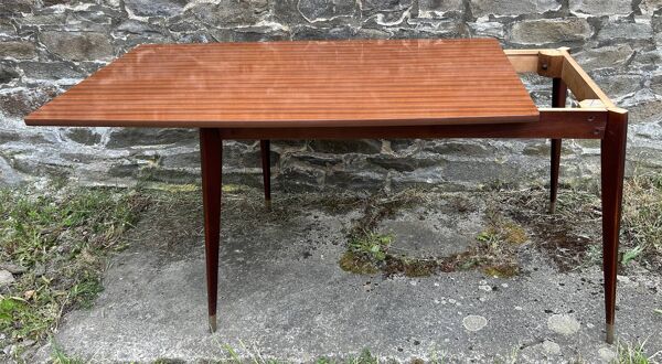 Table pieds effilés compas bois vernis extensible vintage années 50