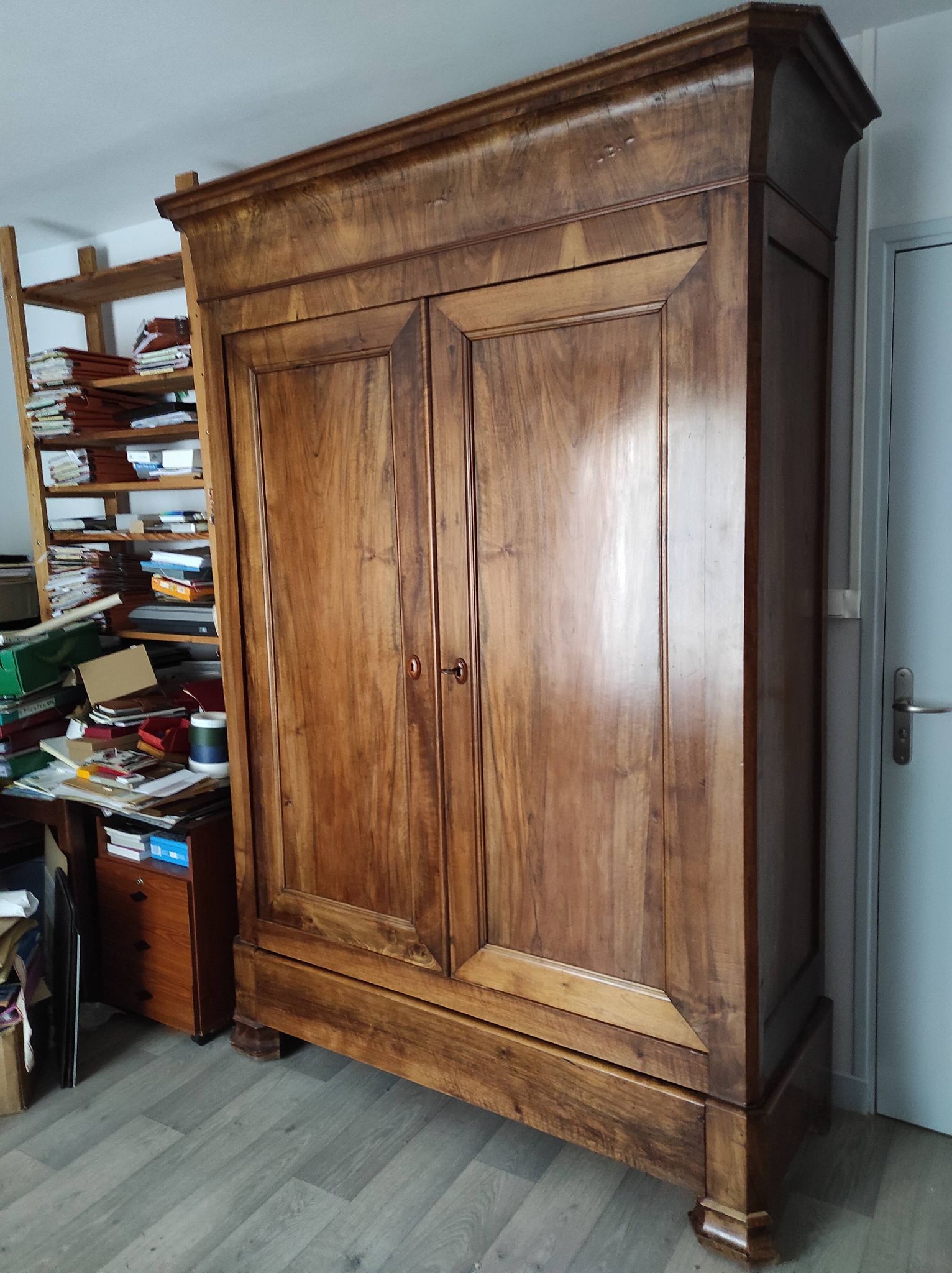 Old walnut wood cabinet with hat and 2 drawer doors