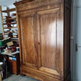 Old walnut wood cabinet with hat and 2 drawer doors