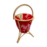 Bamboo worker rattan wicker around 50s-60s and red fabric color H -49cm X D-35cm-