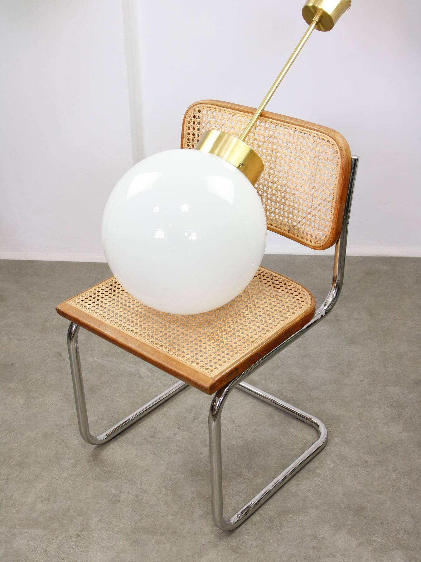 Big Mid-Century Italian Opaline & Brass Globe Pendant Lamp