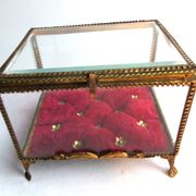 Napoleon III jewelry box, beveled glass and gilded brass, red padded, 4 feet