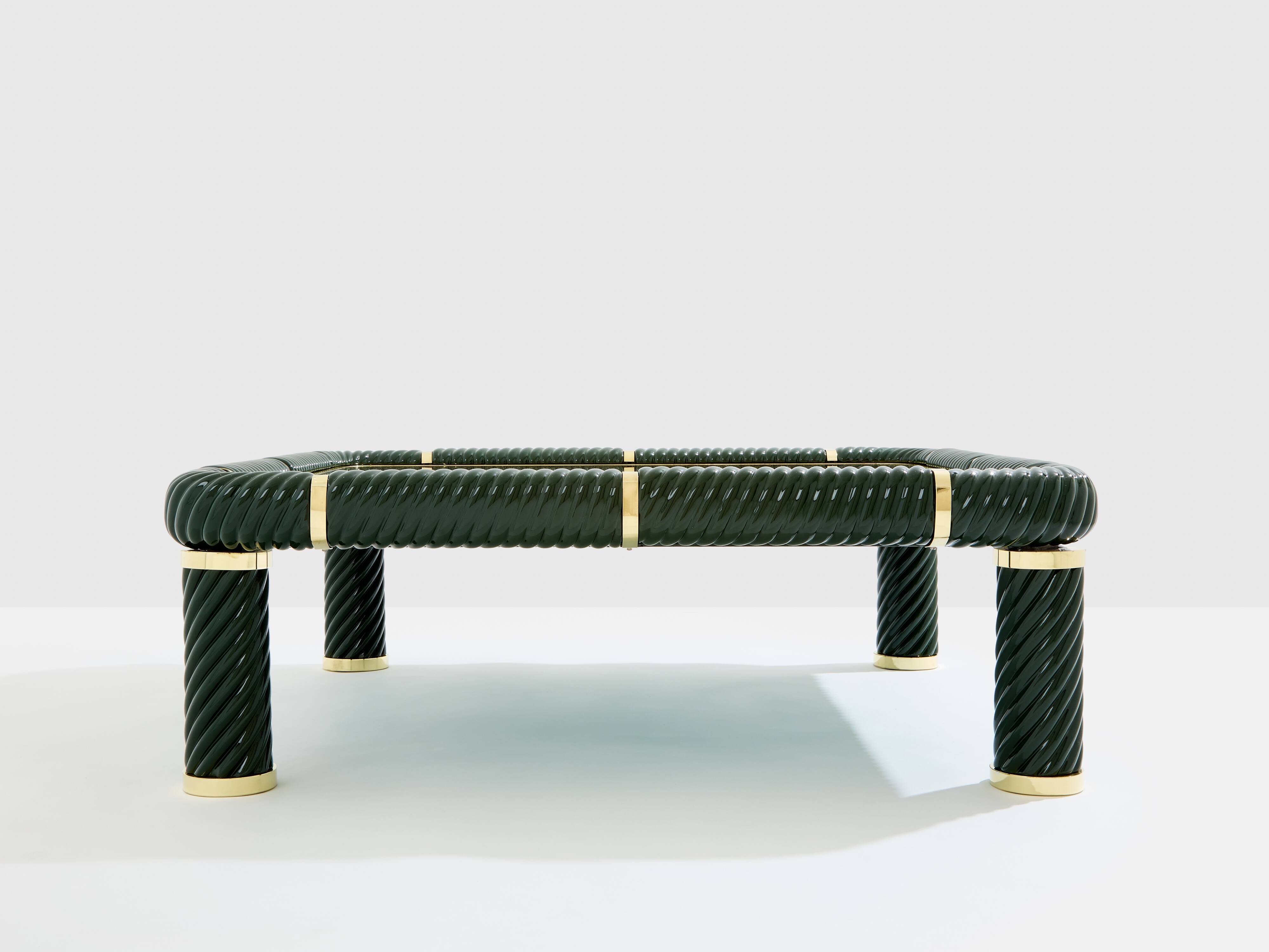 Olive green ceramic and brass coffee table by Tommaso Barbi 1970