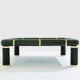 Olive green ceramic and brass coffee table by Tommaso Barbi 1970