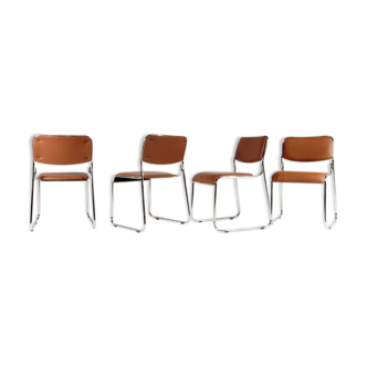 Set of 4 modern vintage Danish retro dining chairs in chrome and faux leather 60s 70s