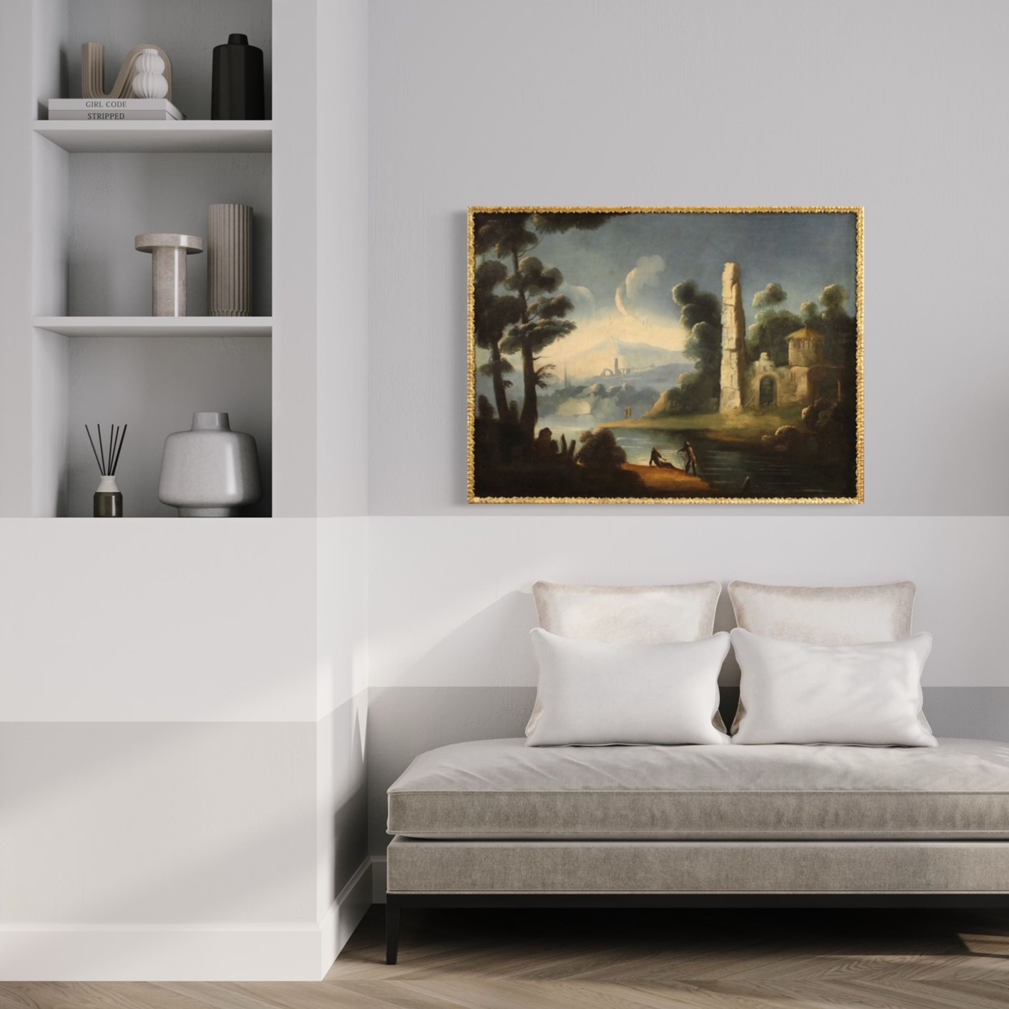Antique painting river landscape with ruins and fishermen from the XVIIIth century