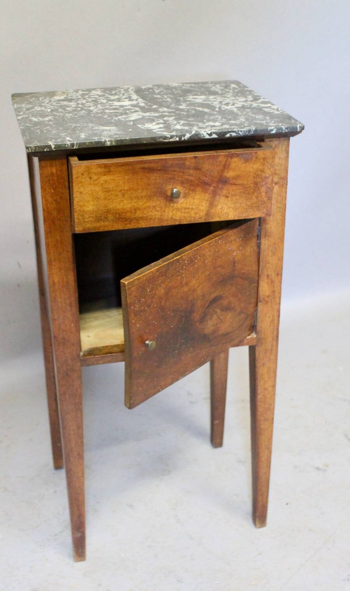 Directoire bedside table in walnut with marble top.