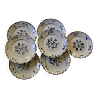 Lot de 7 assiettes plates Moulin des Loups Orchies fleurs bleues
