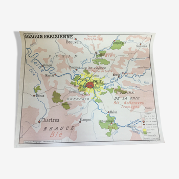 Carte géographique de Paris vintage années 50