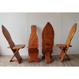 Series of 4 brutalist chairs carved in solid pine 1970