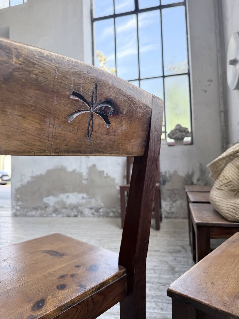 Set of 4 Savoyard pine folk art chairs from the 1950s.