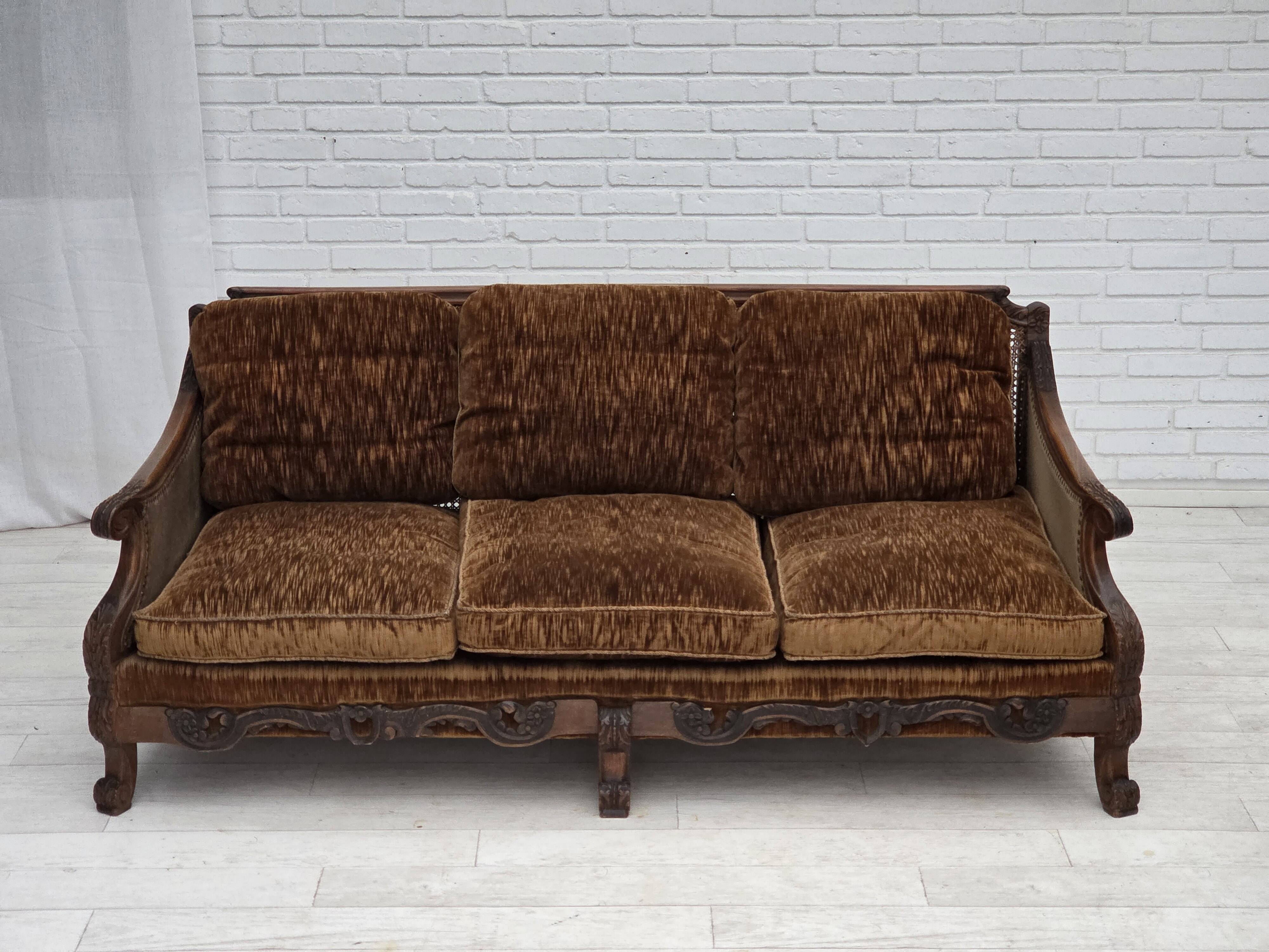 1930-35s, Danish 3-seater sofa, furniture velour, furniture mesh, ash wood.