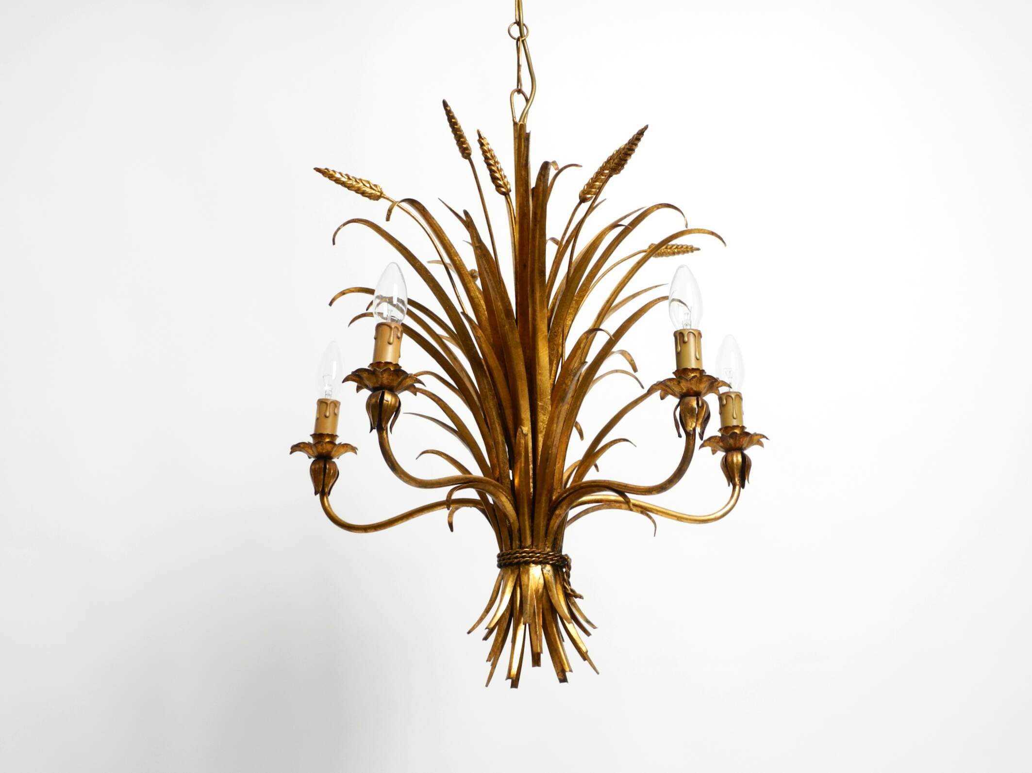 Beautiful huge 1970s gold-plated 5-arm tall metal chandelier by Hans Kögl