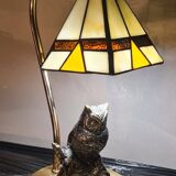 Owl-shaped designer bedside lamp, solid bronze owl with glass lampshade