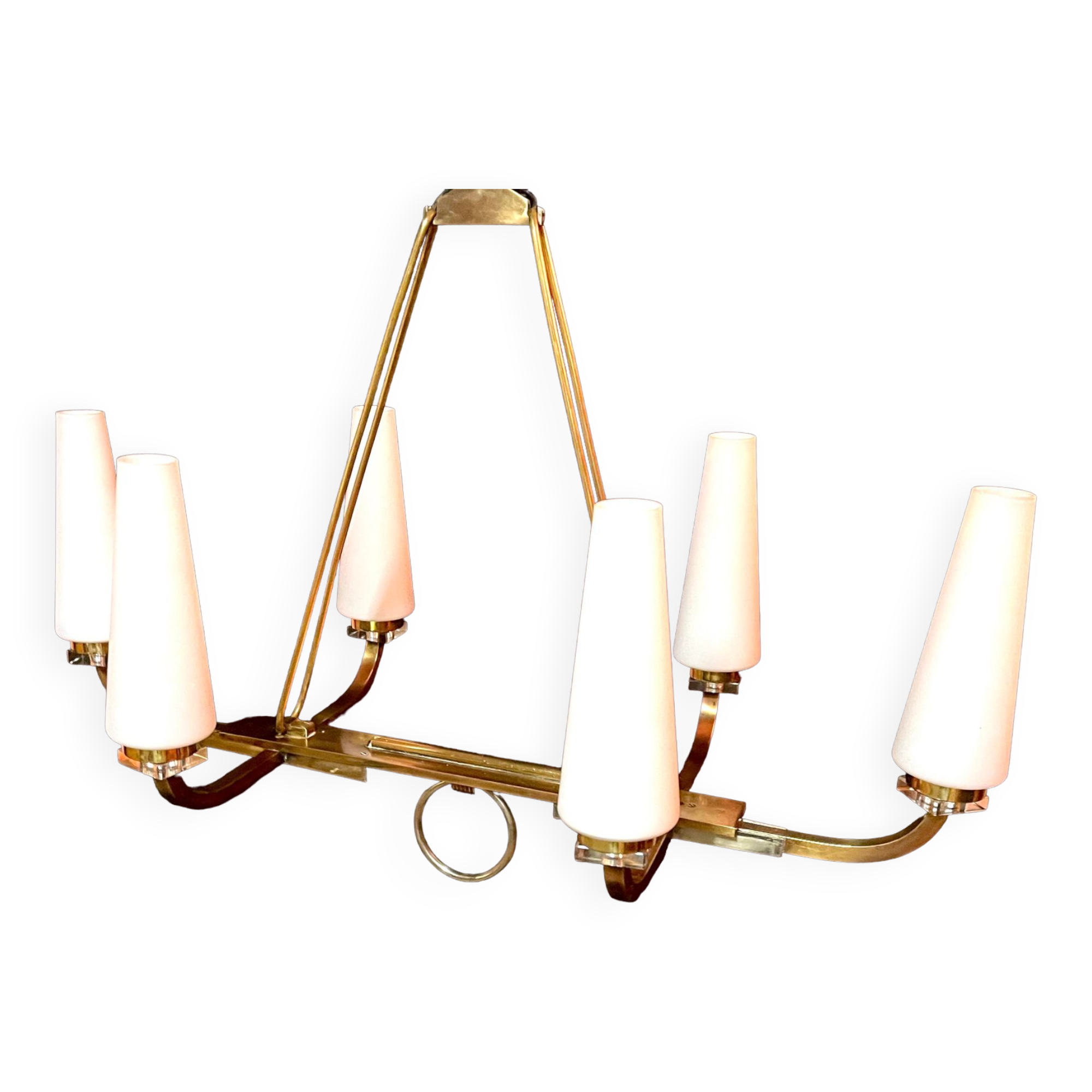 Maison Lunel certified bronze chandelier, six conical opalines, mid-century France